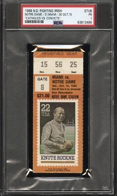 $599.99 • Buy 1988 Notre Dame Miami  Catholics Vs Convicts  Football Ticket Stub PSA 1 Pop2