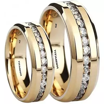 £56.99 • Buy His And Hers Matching Gold Tone Titanium Wedding Engagement Couple Rings Set