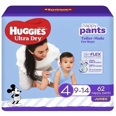 $28 • Buy Huggies Ultra Dry Nappy Pants Boy Size 4 (9-14kg) 62 Pack