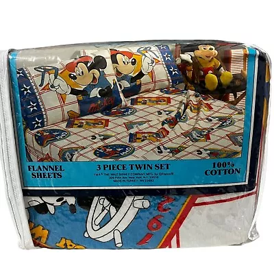 Vintage Disney Flannel Sheet 3 Piece Twin Sheet Set Mickey Mouse New Cotton • $79.95