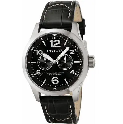Invicta 0764 Mens I-Force Black Leather Day/Date Black Dial Round Analog Watch • $45.99