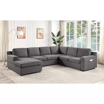 Modern Livingroom Gray Linen 6-Seater U-Shape Sectional Sofa Chaise And Pocket • $1677.25