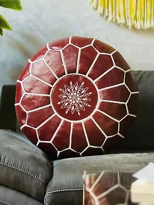 Vintage Round Footstool Handmade Ottoman Genuine Moroccan Brown Leather Pouffe • $96.82