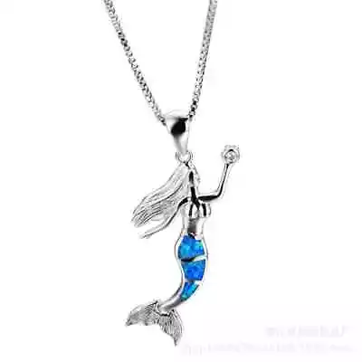 Womens Fashion Blue Simulated Opal Mermaid Pendant Silver Necklaces Gift • $0.47
