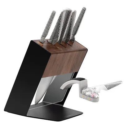 New Global Katana 6pc Walnut Knife Block Set + Minosharp Sharpener • $477.40