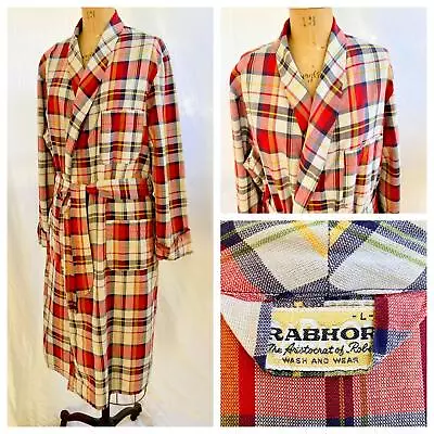 Vtg 60s RABHOR Plaid Cotton Smoking Retro Dressing Gown Mens Robe Lounge L EUC • $44.95