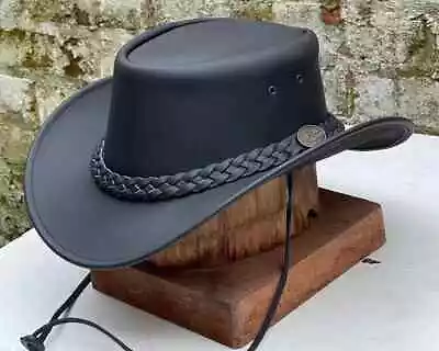 Genuine Leather Cowboy Outback Hat Western Aussie Style Hat Black With Chinstrap • £17.95