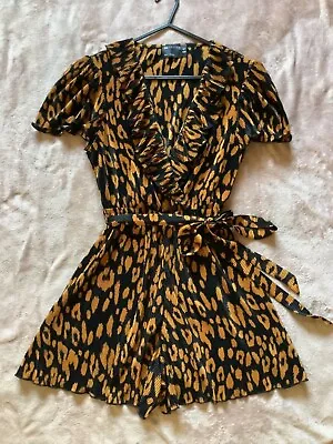 NEW ASOS Black/Gold Animal Print Fine Pleat Frill V Neck Belted Playsuit Size 8 • £12