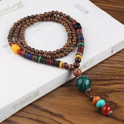 Retro Bodhi Wood Bead Pendant Necklace Women Men Long Sweater Chain Jewelry Gift • £3.87