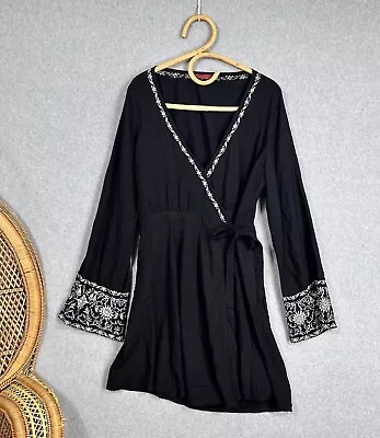 TIGERLILY Black EMBROIDERED WRAP MINI DRESS Sz 6 Cut Out Back Detail BOHO • $34.95