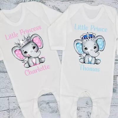 £7.99 • Buy Little Prince / Princess Personalised Elephant Baby Bib Vest Grow Romper T-Shirt