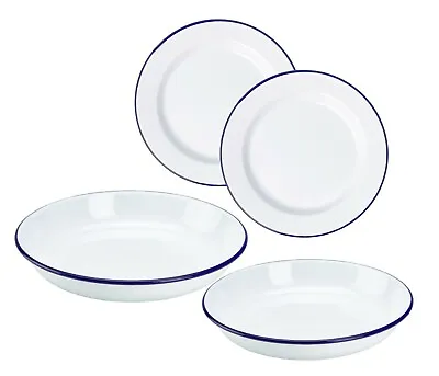 2 X Falcon White Enamel Plate Dinner Pie Baking Roasting Camping Plate Blue Rim • £16.99
