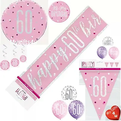 Age 60th & Happy Birthday Party Decorations Buntings Banners Balloon Pink Silver • £3.99