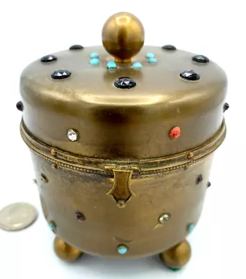 Gilt Brass Glass Jeweled Box Dresser Trinket Bohemian Marked Vanity Ormolu • $125