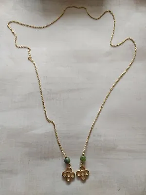 Vintage Necklace Gold Tone Metal Lariat Style 34  End To End Green Faux Jade • $24.99