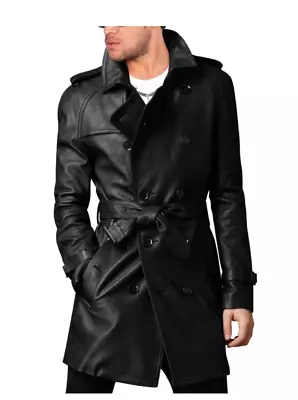 Men's Stylish Belted Black Long Coat Leather Trench Coat Pea Coat-bnwt • $128.15