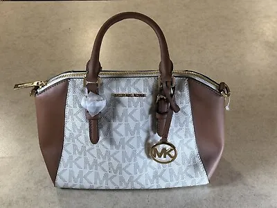 NWT Michael Kors Ciara Medium Messenger Brown Leather Bag Vanilla Logo Gold New • $125