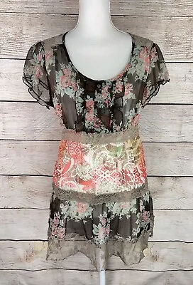 Maurices Women's XL Brown Coral Floral Paisley Lace Mesh Boho Peasant Blouse • $14.99