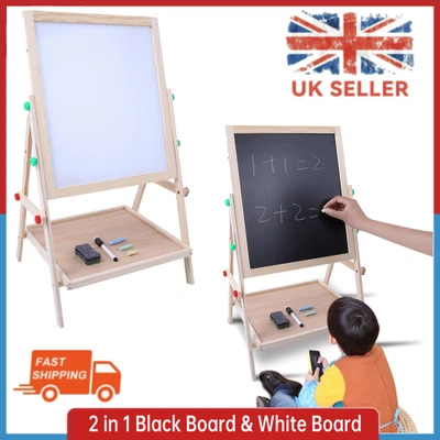 £19.99 • Buy 2in1 Kids Baby Pine Wood Easel Double Sided Art Drawing Blackboard Whiteboard
