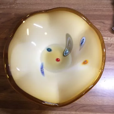 Millefiori Art Glass Bowl Murano Style Yellow Handblown Symmetrical 12.5 X 4.5” • $12.99