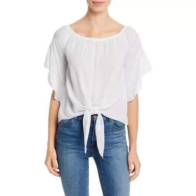 Elan Womens White Tie Front Bell Sleeve Crop Blouse Shirt S  5816 • $3.99