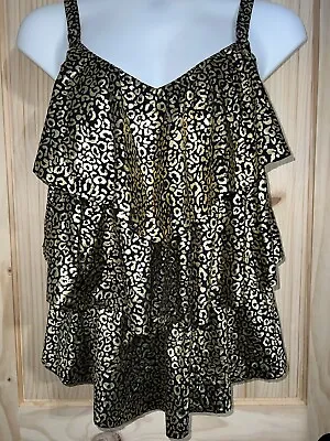 $27.50 • Buy Swimsuits For All Tankini Swim Top Tiered Layer Black Gold Animal Print Size 14