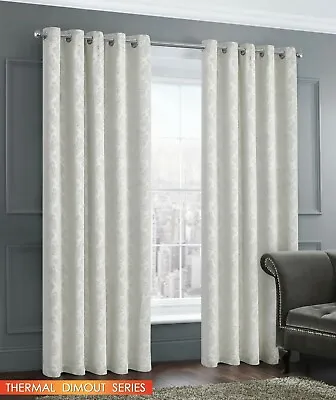 Thermal Woven Dimout Damask Curtain Pair Readymade Eyelet / Ring Top Cream • £3.80