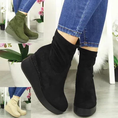 £22.95 • Buy Mid Calf Wedge Boots Ladies  Zip Stretch Shoes Womens High Platform Heel  Size