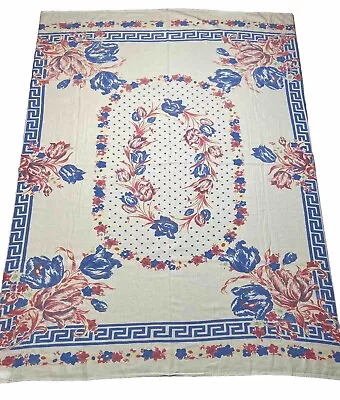 Vintage TABLECLOTH Printed Floral Polka Dots Blue Pinkish Red Yellow 55 X 59 • $36