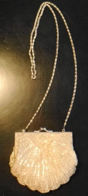 $14.99 • Buy Silver Beaded Clutch Purse Clam Shell Long Chain Evening Bag W Pocket