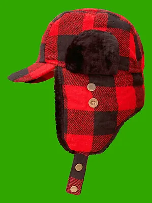 Hunting Hat - Cap With Ear-Flaps Red-Black Winter Wool Buffalo Plaid Check SMALL • $21.99