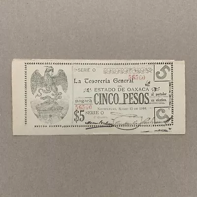 Mexico 5 Pesos Currency 1916 P-S949b Estado De Oaxaca Banknote Mexican Money • $59.95