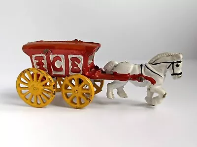 Vintage Cast Iron White Horse Drawn Red Ice Cart 7.5 Inch Buggy Wagon Good Cond • $29