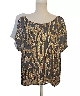 Vince Camuto Womens XL Blouse Sequin Top Black Silver Gold Copper Short Sleeve • $34.87