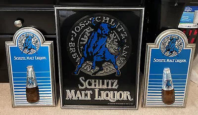 (3 Pc. Lot) VINTAGE SCHLITZ MALT LIQUOR MIRRORED SIGN 16  X 20  & 2 Beer Display • $77