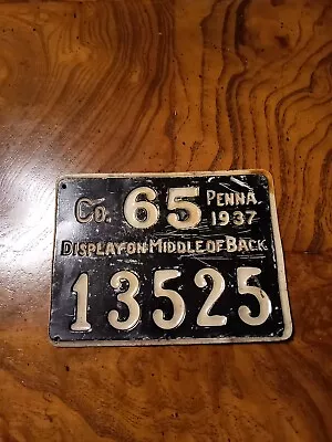 1937 Vintage PA Metal HUNTING LICENSE #13525 Co 65 Penna • $30