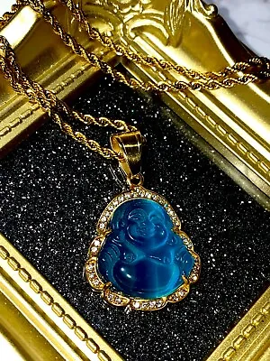 Jade Men 14k Gold Laughng Iced Jade Blue Buddha Good Fortune Rope Chain Necklace • £35.15