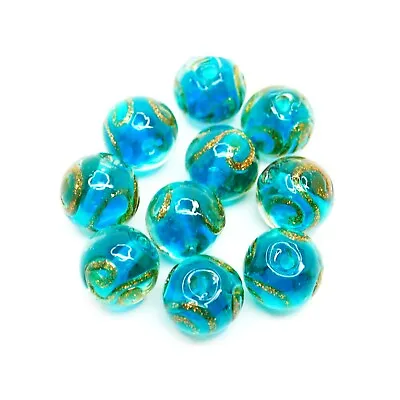 10 Handmade Lampwork Glass Beads - Translucent Blue Gold Swirls - 10mm P01632 • £4.79