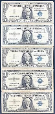 Lot (5) 1957 $1 One Dollar Bill Blue Serial/Seal Silver Certificate U.S. Note • $14.95