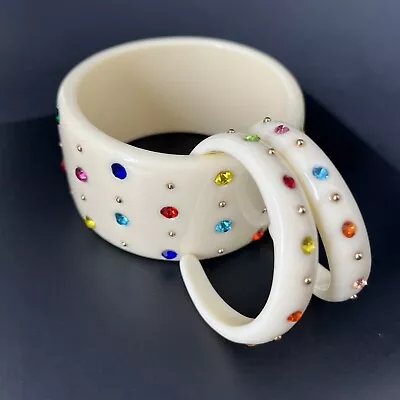 Wide Lucite Rhinestones Bangle Bracelet Hoop Earrings Set Cream Multicolor Retro • $39.99