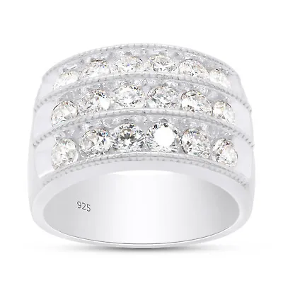 Mens 1.75ct Round Cut Moissanite 3-Row Anniversary Band Ring In Sterling Silver • $183.99