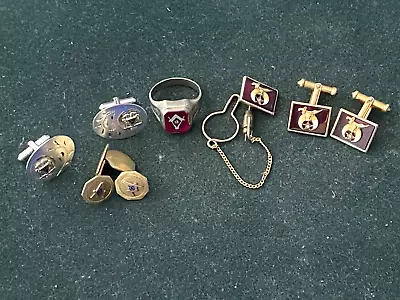 Lot Of Vintage Masonic Jewelry Ring Sterling GF Cufflinks Tie Pin Set Red Glass • $29.99