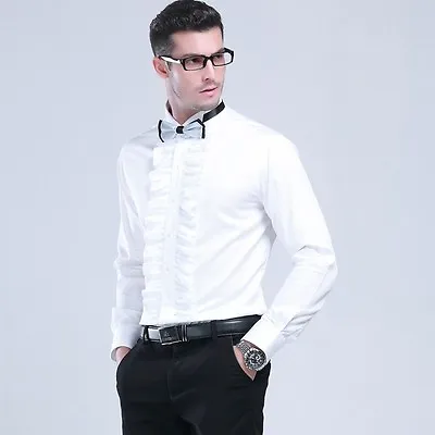 Mens Gents Cotton Wing Collar White Ruffled Front Slim Shirt Party Formal Blouse • $38.74