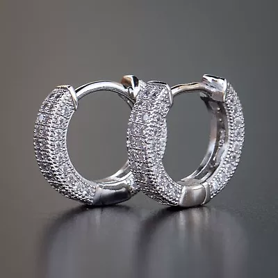 Sterling Silver Small Iced CZ Hoop Huggie Men Women Hip Hop Hoop Earrings • $25.99