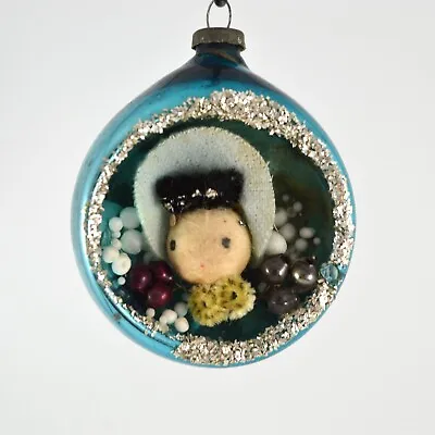 Vintage Diorama Blown Glass Ornament Lady In Bonnet Turquoise Blue 1950's 2.5  • $24.99