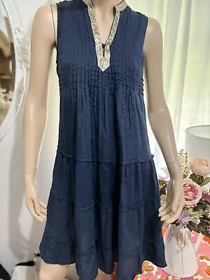 120% Lino Italian Linen Navy Dress RTP $490 With Gold Beading • $35