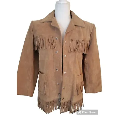 Vintage Diamond Leathers Brown Suede Leather Fringe Trim Western Jacket Womens S • $150