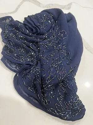 Vintage Blue Chiffon Silk Beaded Long Stole Veil Scarves Sequined Chiffon Shawl • $19.99