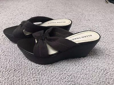 ELLEN TRACY BROWN WEDGE SLIP ON OPEN TOE SANDALS Sz 7 • $9.99