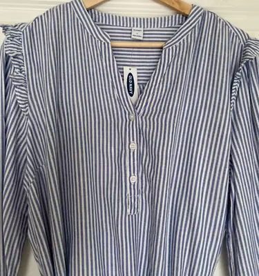 Old Navy Prairie Shirt Dress L Blue White Stripe Long Sleeve Cottage Coastal NWT • $18.77